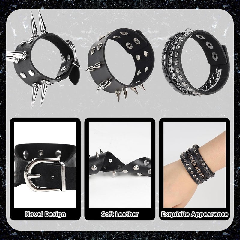 JOLYEAK Punk Leather Rivets Bracelets Punk Rock Leather Studded Bracelets 80s Wristband Emo Gothic Spike Cuff Bracelet Set for Men Women Rocker Outfits Skull Bracelet - Image 5